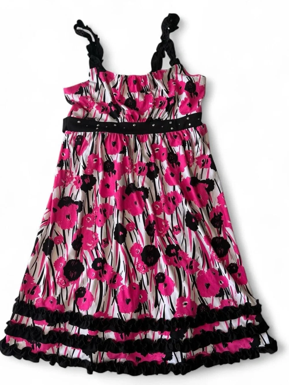 Vintage Y2K Justice Pink Black White Babydoll Floral Ruffle Dress Girls 14